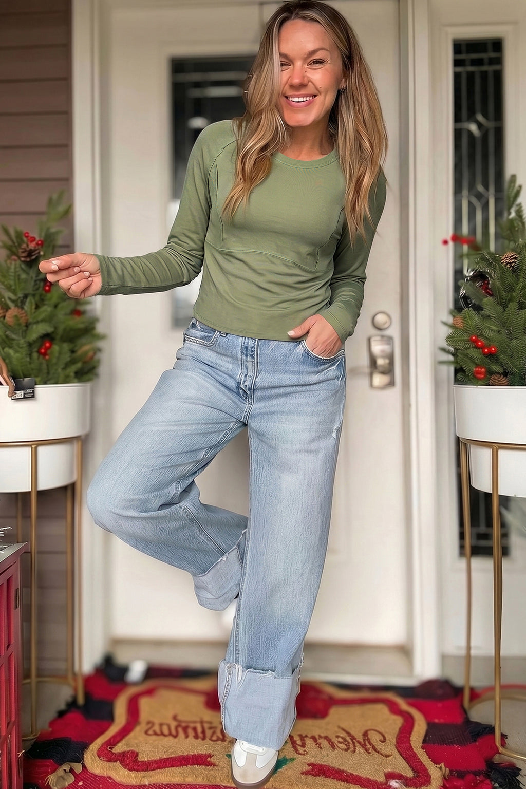 Guacamole Green Round Neck Paneling Long Sleeve Top