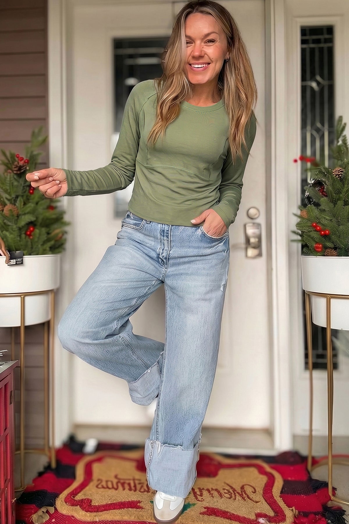 Guacamole Green Round Neck Paneling Long Sleeve Top