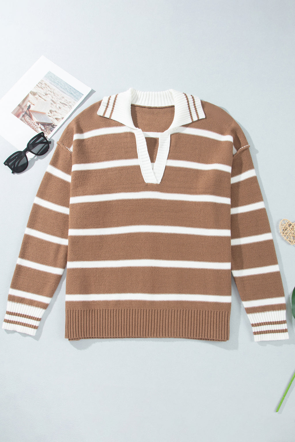 Brown Stripe Striped V Neck Long Sleeve Shift Plus Size Sweater