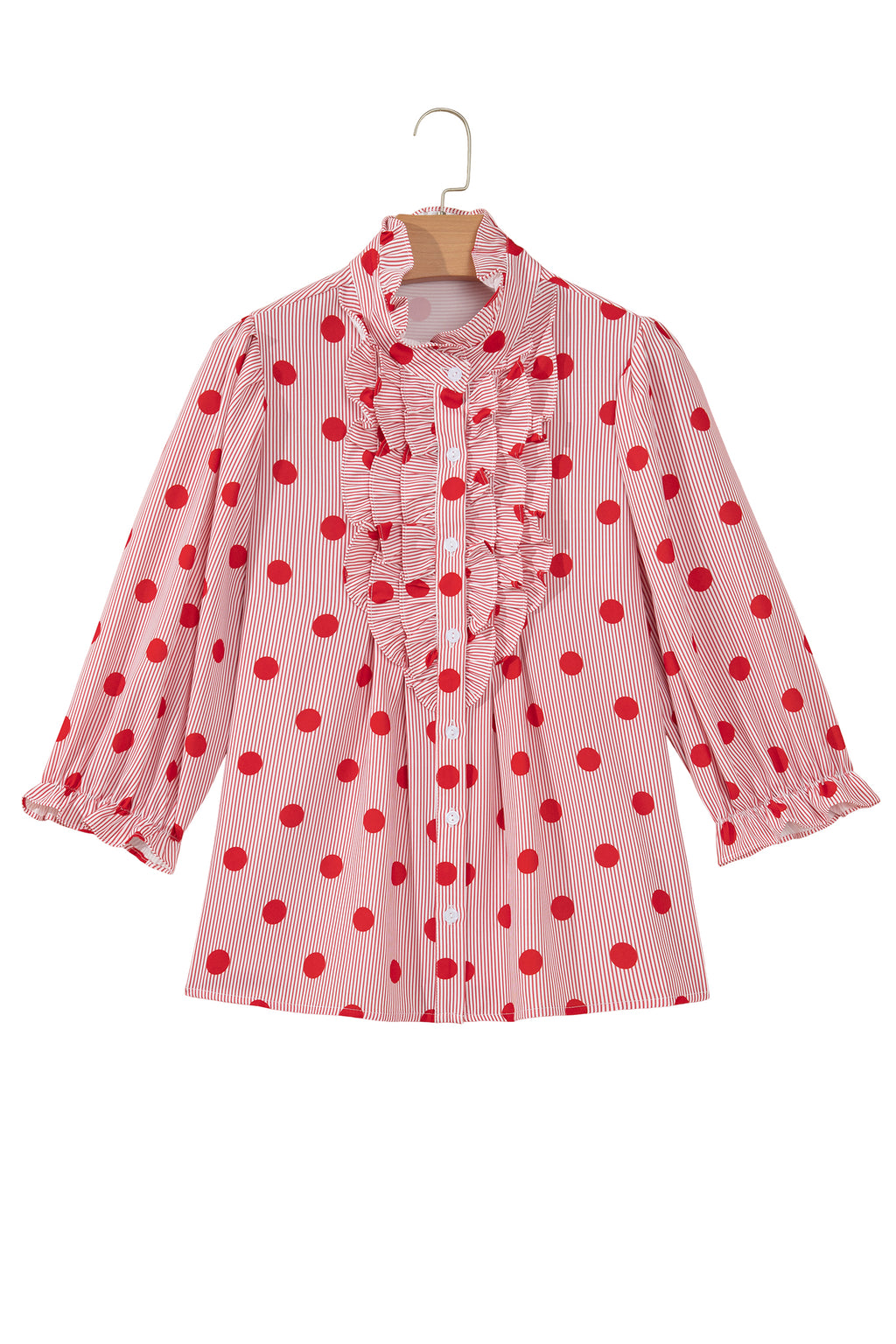 Fiery Red Polka Dot Striped Print Ruffle Stand Neck 3/4 Sleeve Shift Shirt