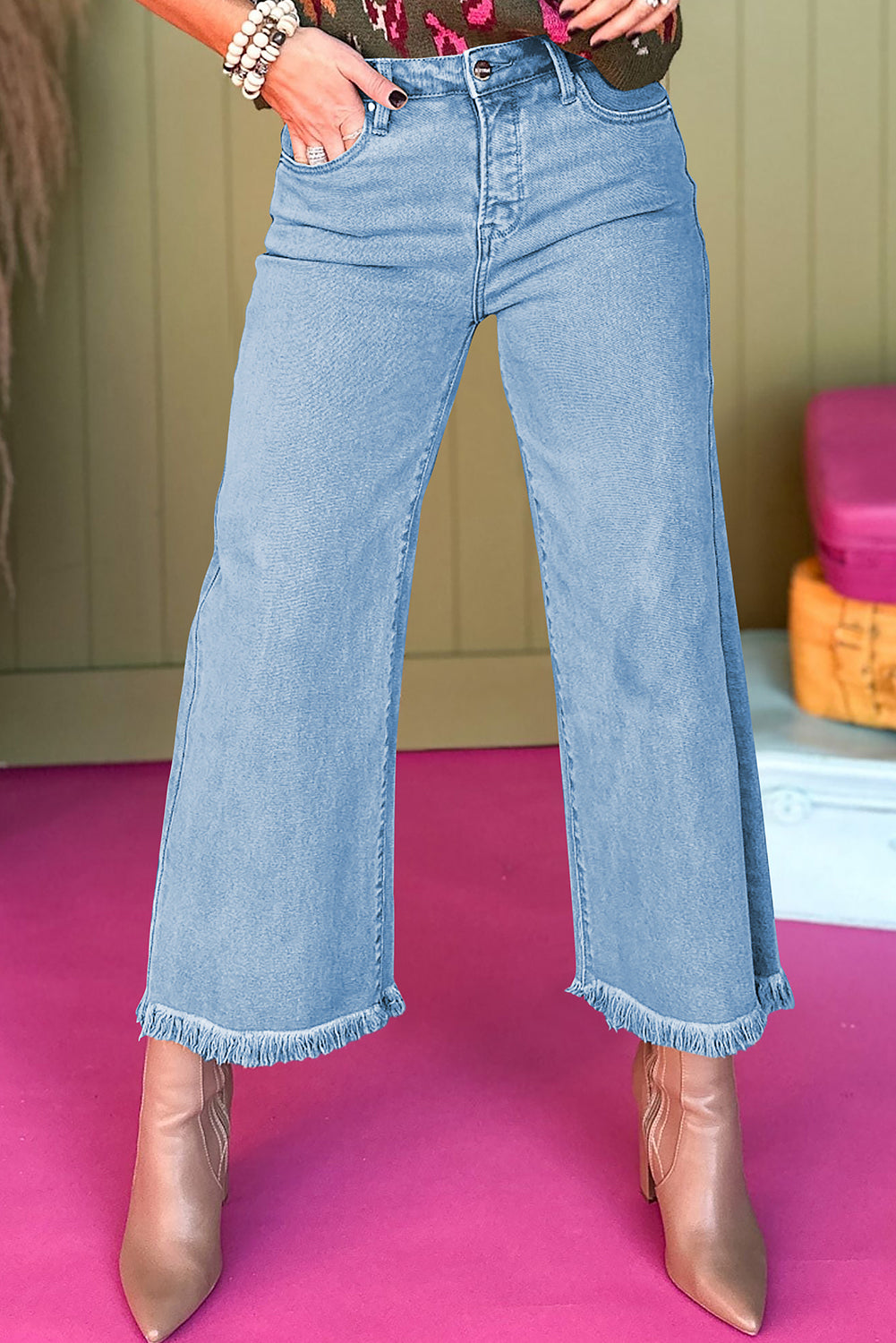 Myosotis Acid Washed High Rise Cropped Wide Leg Jeans