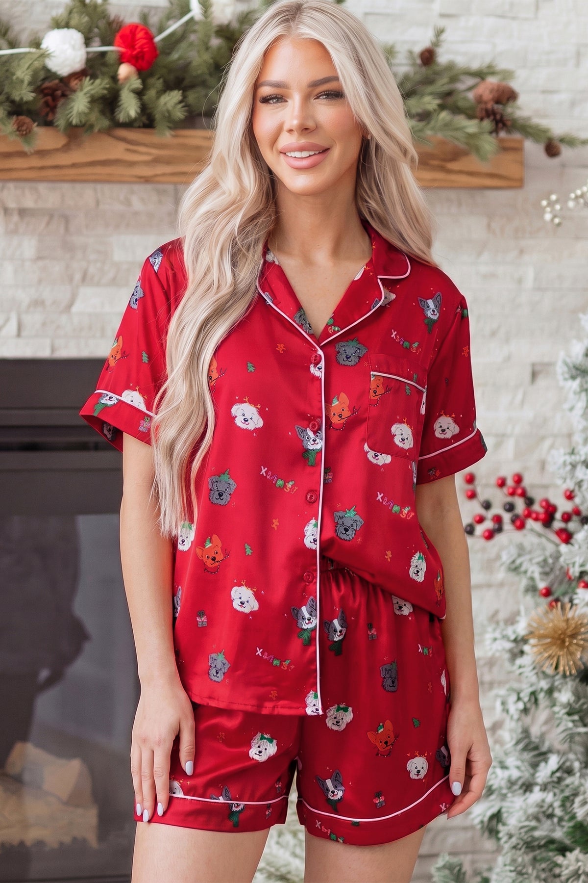 Racing Red Festive Dog Print Short Sleeve Two Piece Lounge Set