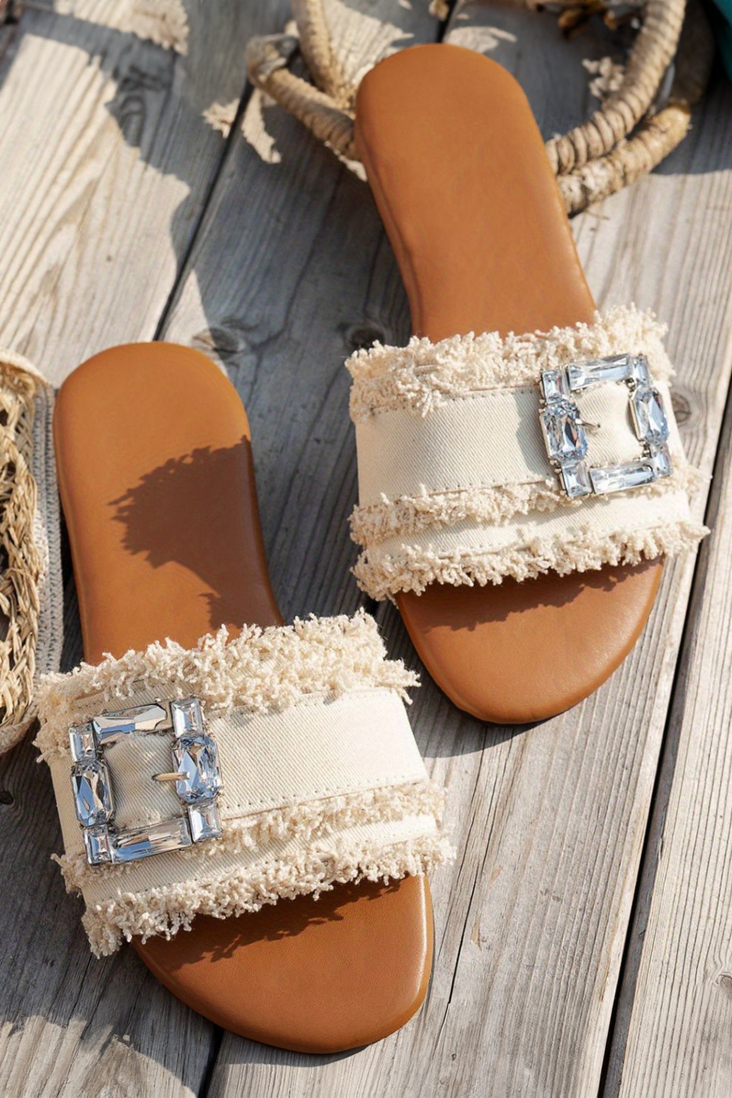 White Frayed Wide Band Rhinestone Buckle Detail Slippers
