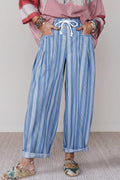 Sky Blue Stripe High Waist Wide Leg Lace Up Barrel Jeans