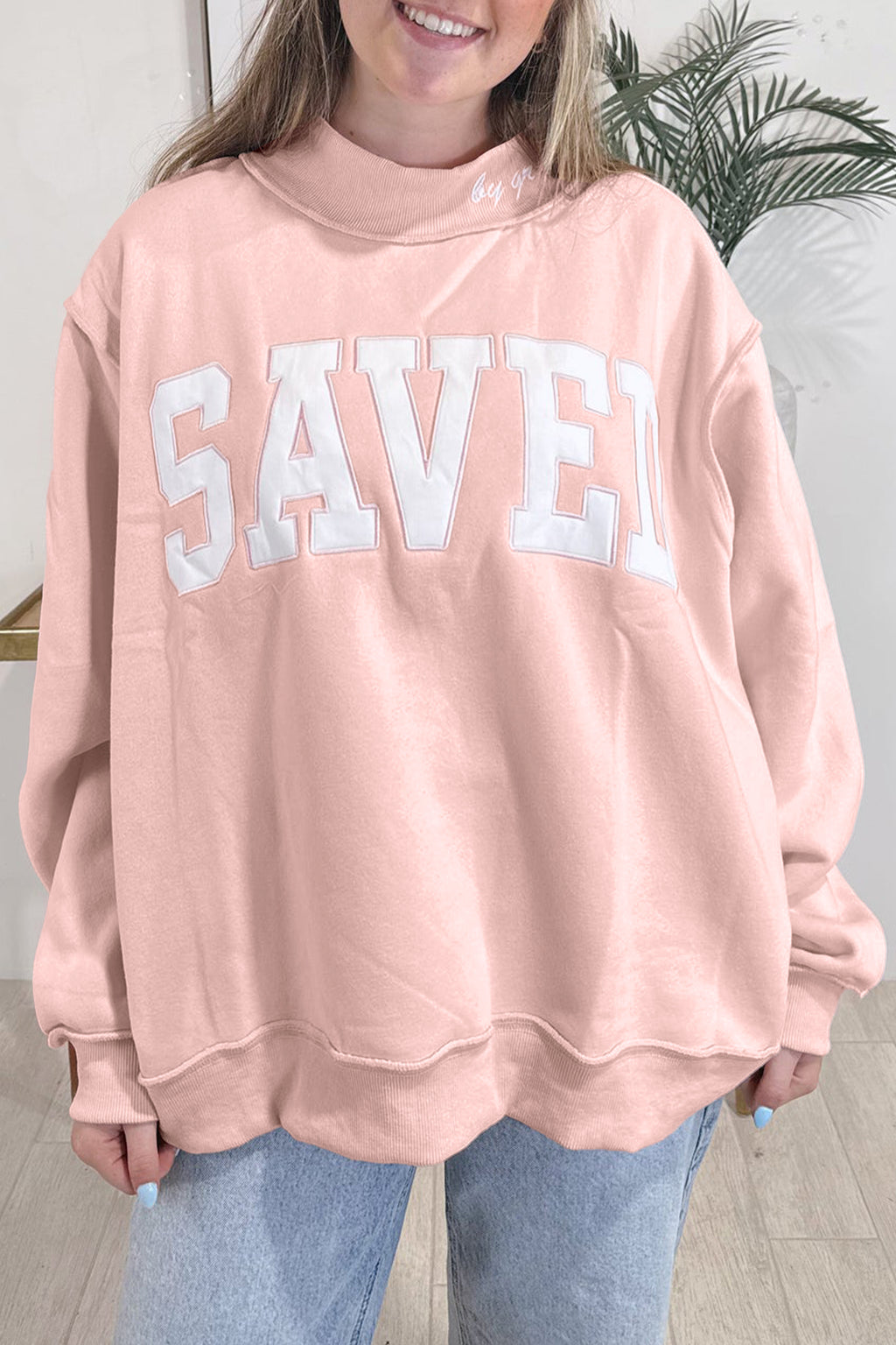 Fiery Red Saved By Grace Embroidered Detail Letter Graphic High Neck Sweatshirt