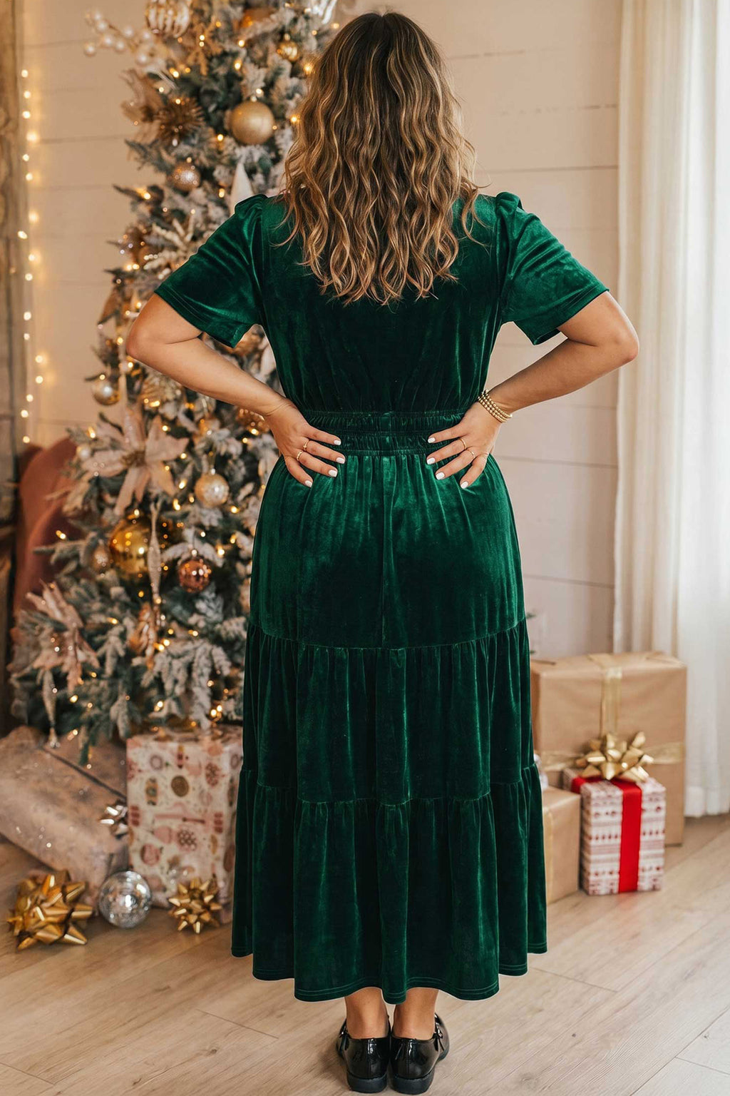 Blackish Green Velvet Short Sleeve Shirred Waist Tiered Plus Size Maxi Dress