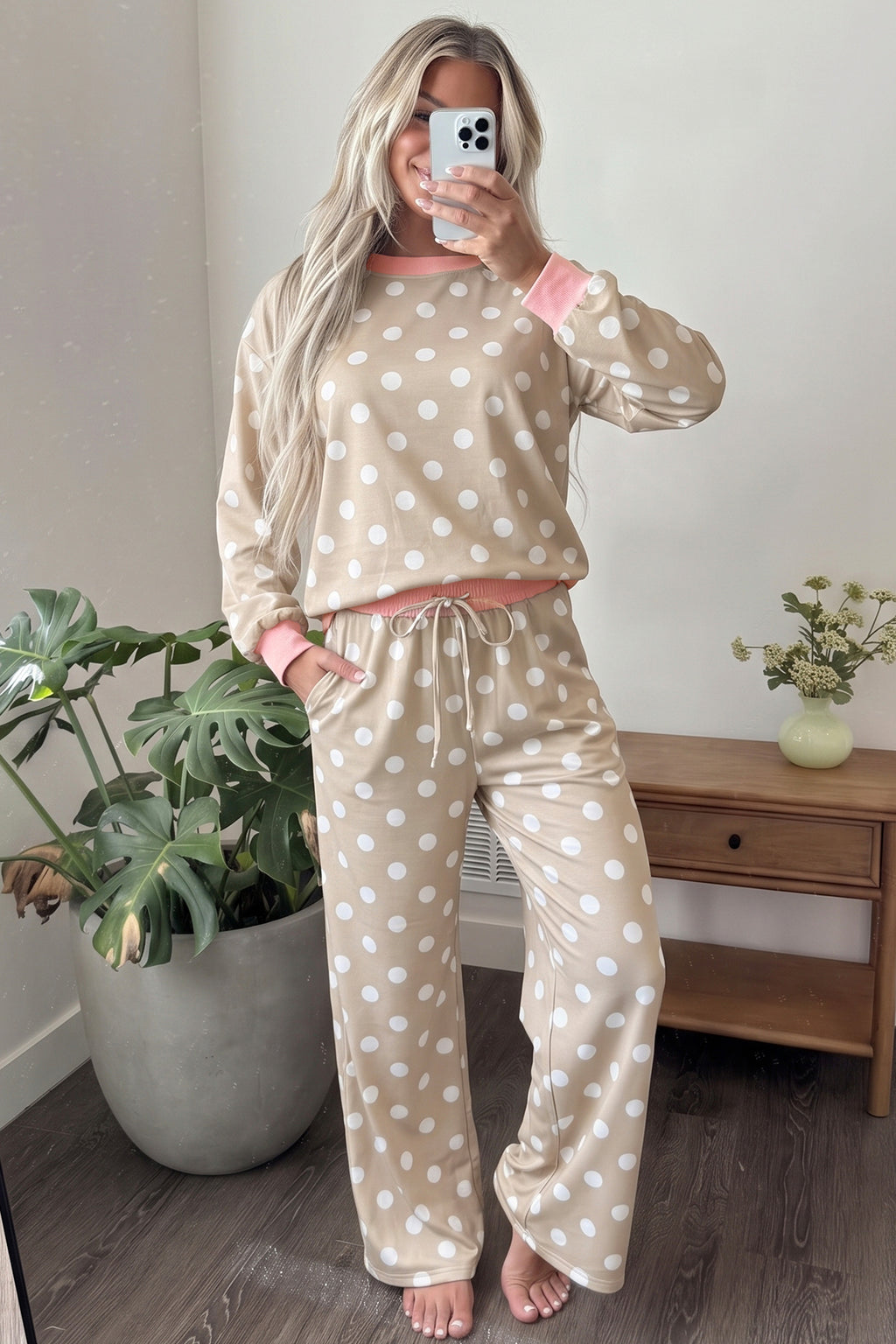 Khaki Polka Dot Contrast Trim Long Sleeve Top Drawstring Shift Pants Set