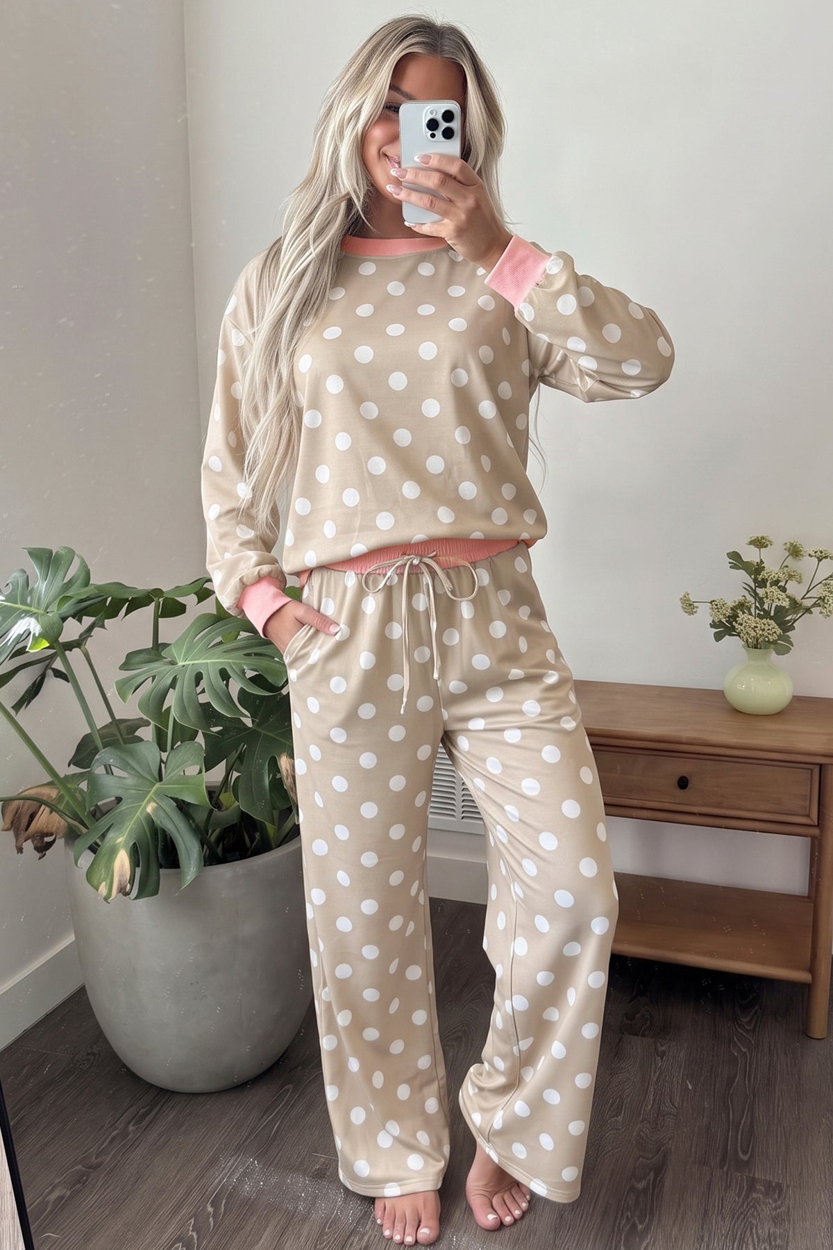 Khaki Polka Dot Contrast Trim Long Sleeve Top Drawstring Shift Pants Set
