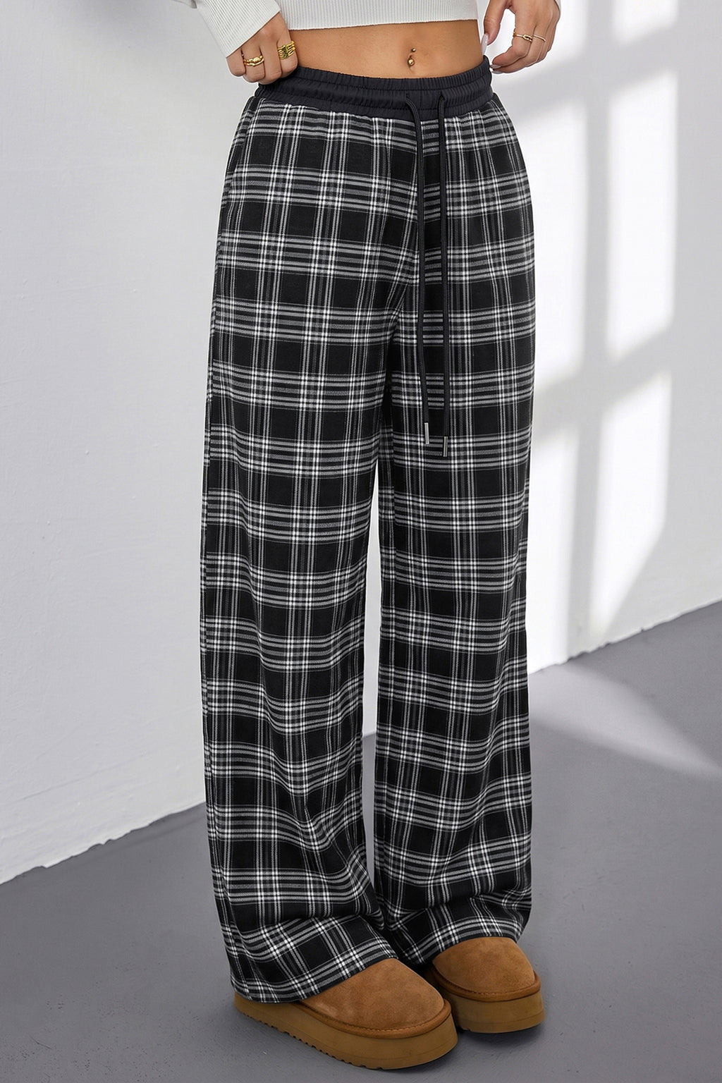 Black Frenchy Plaid Pattern Contrast Drawstring Waist Wide Leg Pants
