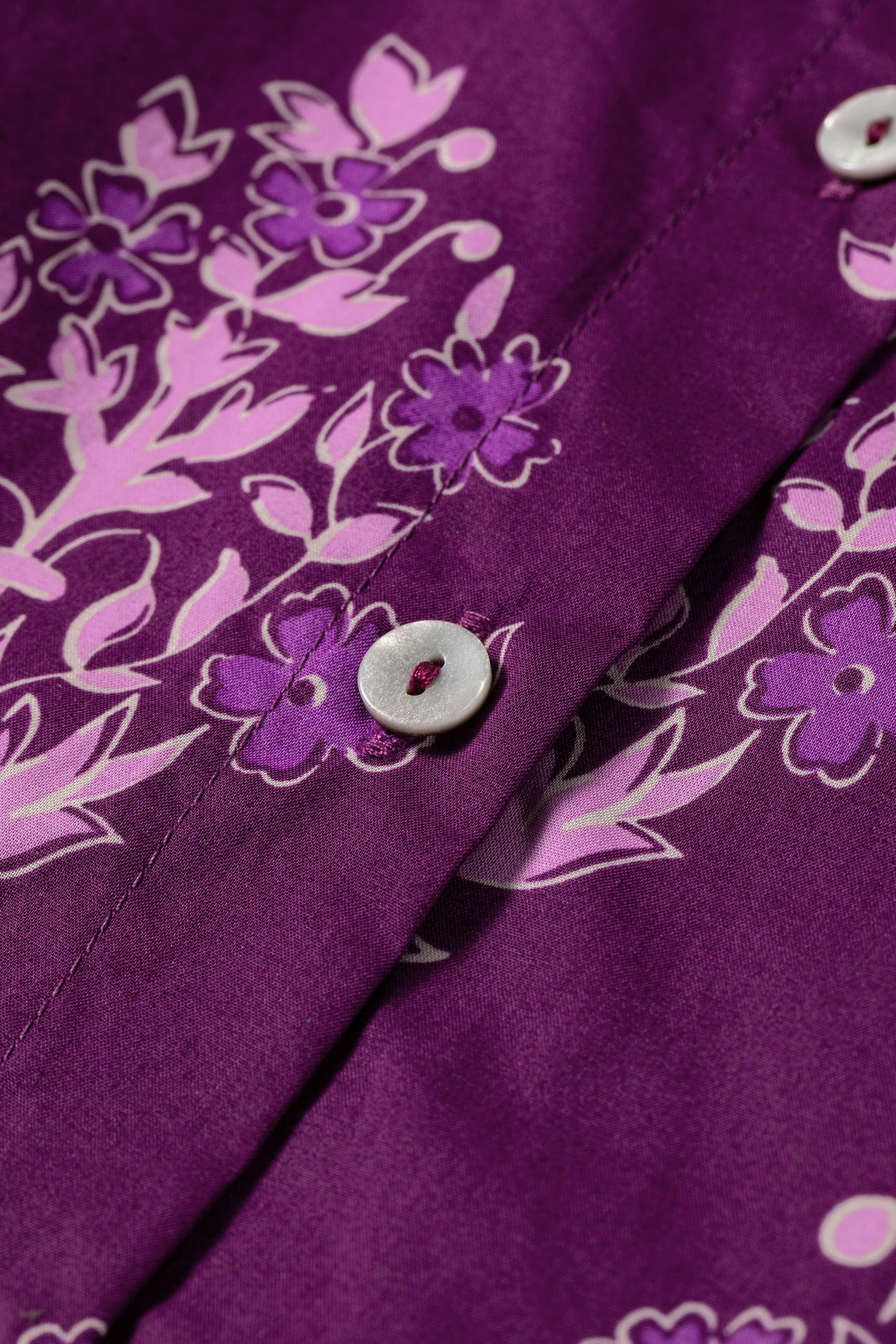 Purple Floral Print Button-Up Long Puff Sleeve Loose Shirt