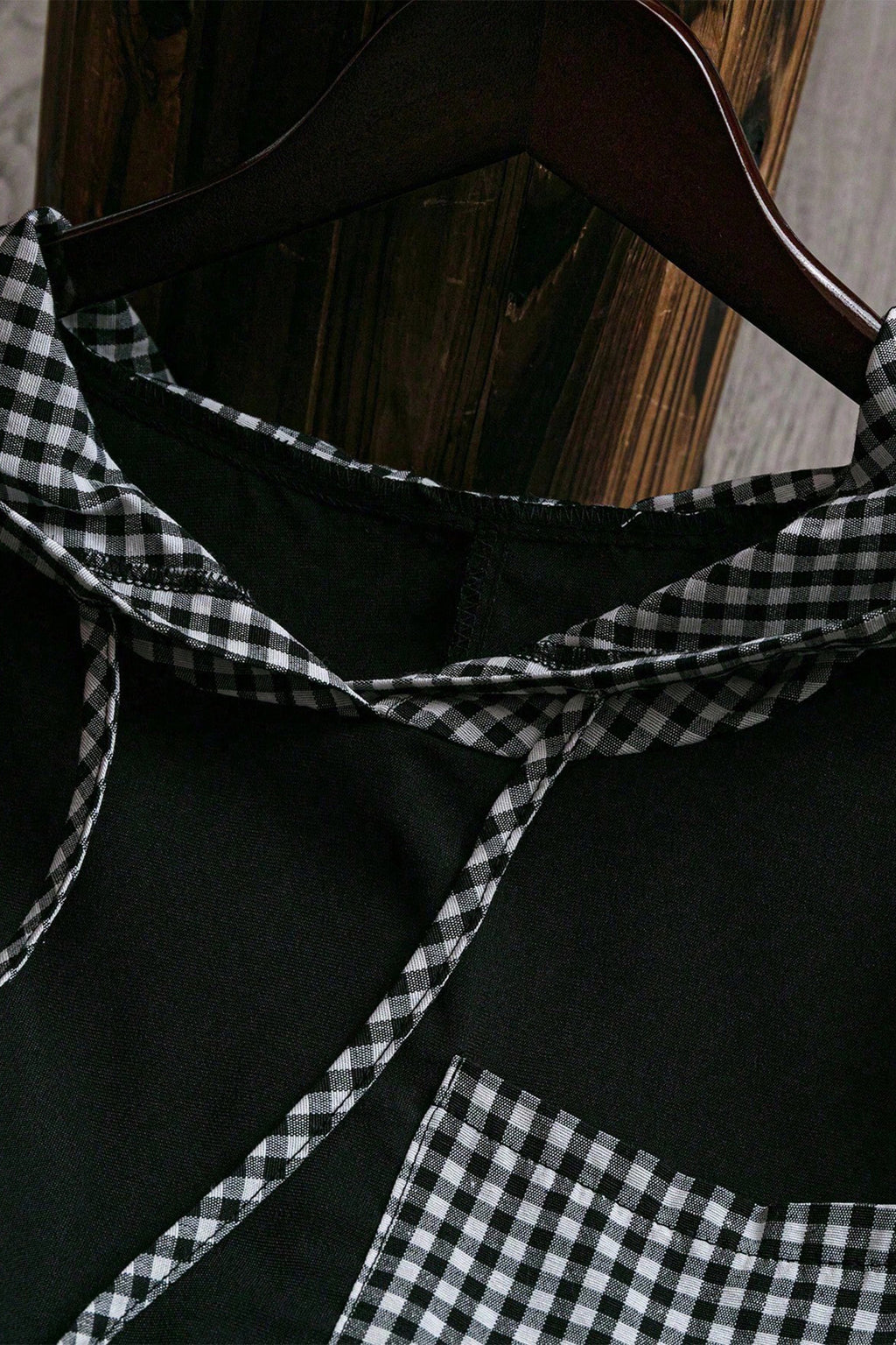Black Hooded Gingham Paneling Chest Patch Pocket Long Sleeve Plus Size Blouse