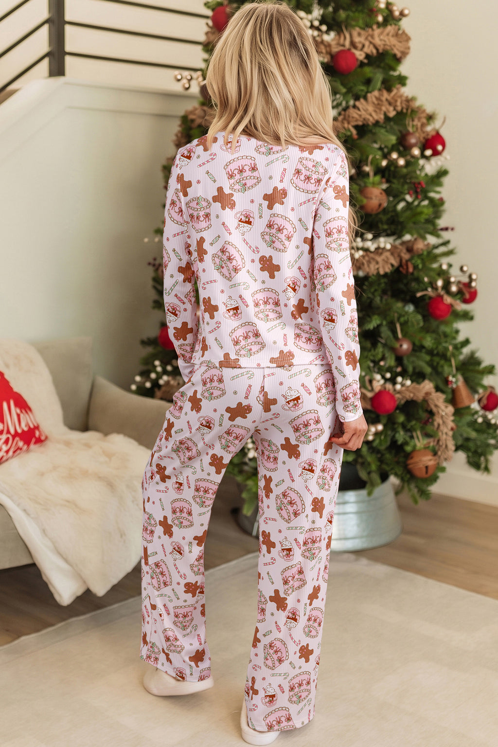 Pink Abstract Christmas Print Long Sleeve Two Piece Lounge Set