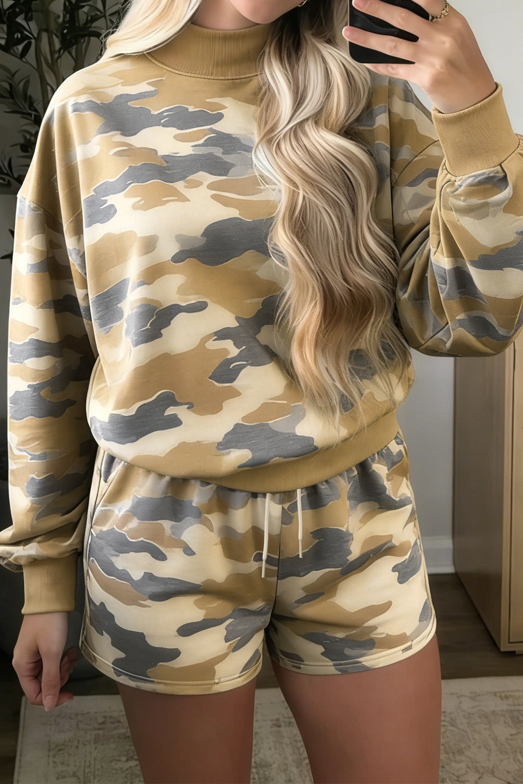 Multicolour Camouflage Print Long Sleeve Top Drawstring Shorts Set