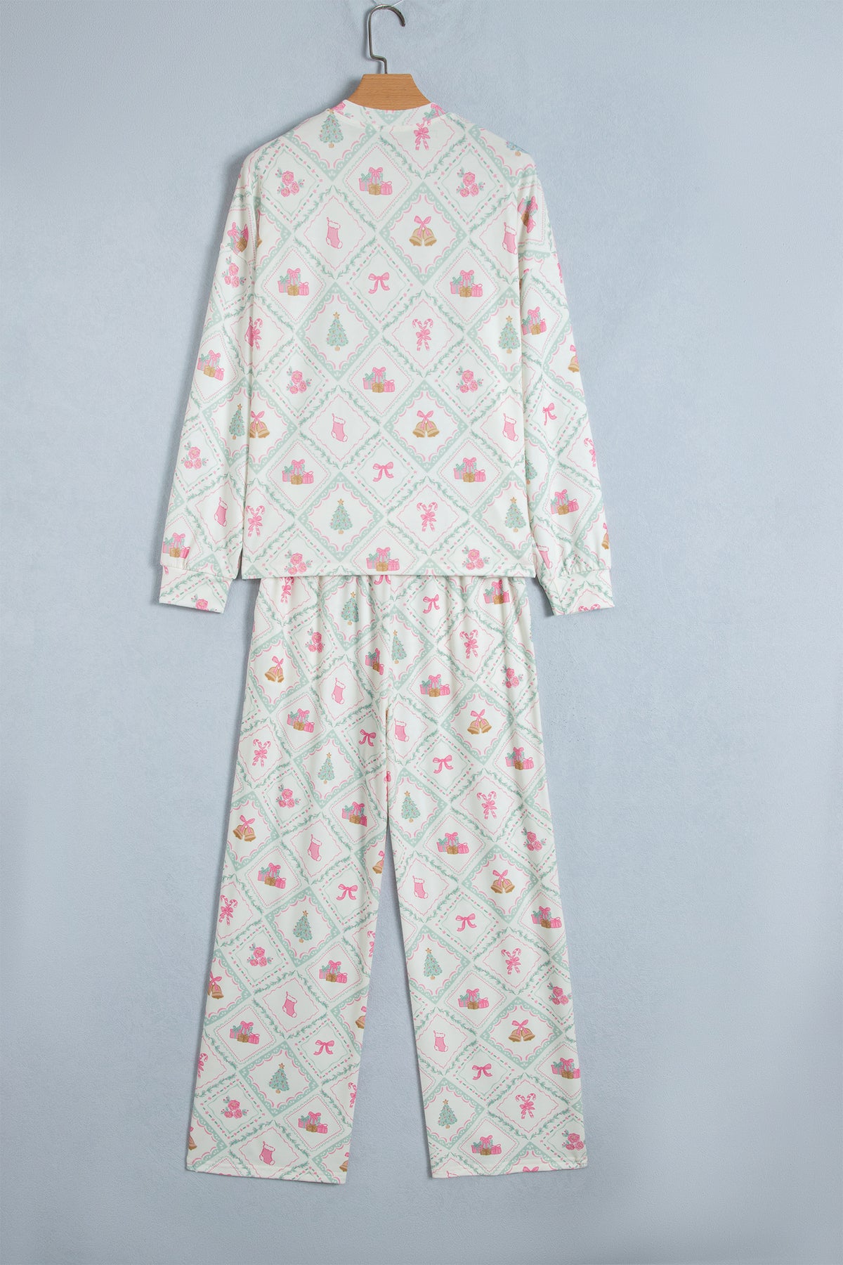 White Long Sleeve Patchwork Shift Christmas Daily Wear Lounge Set