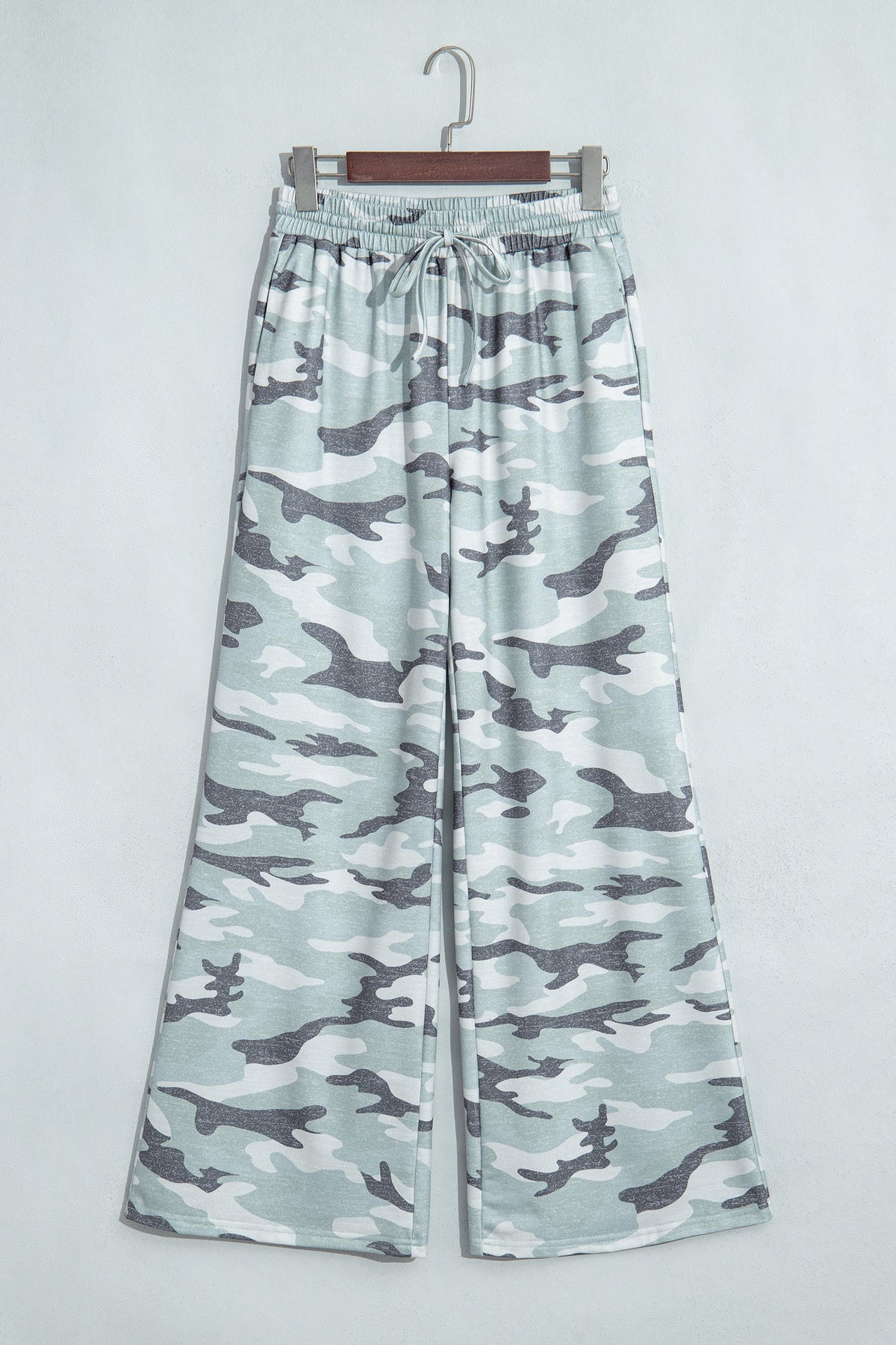 Green Camo Wide Leg Tie Elastic Waist Casual Pants