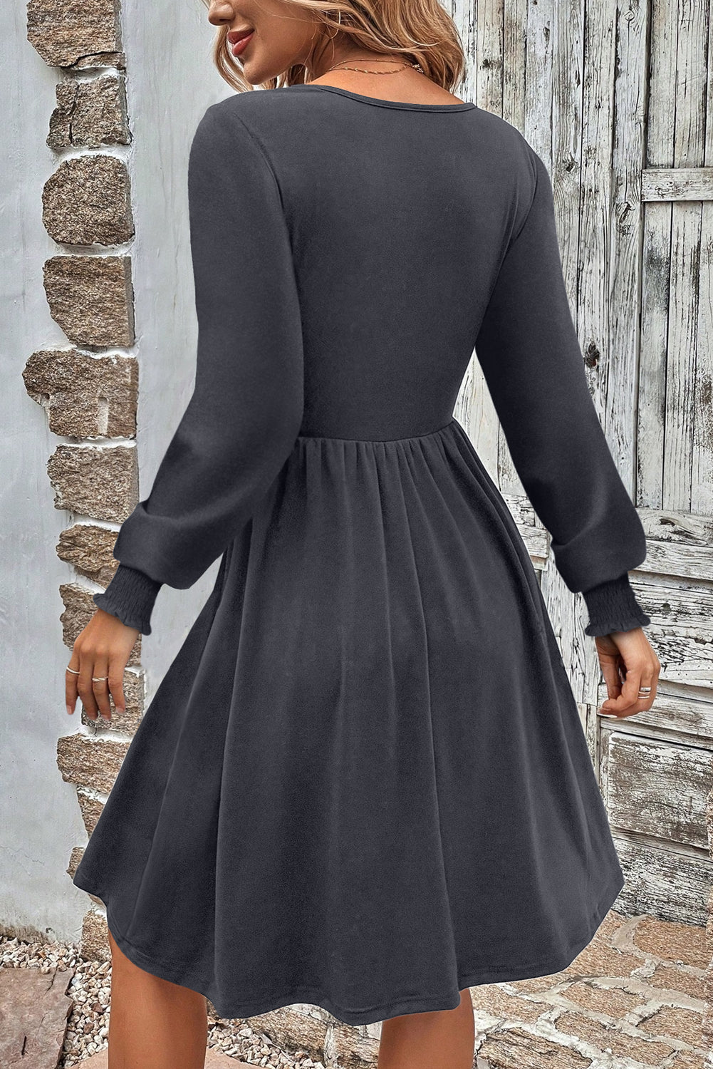 Dark Grey Shirred Cuff Long Sleeve Button Round Neck Mini Dress