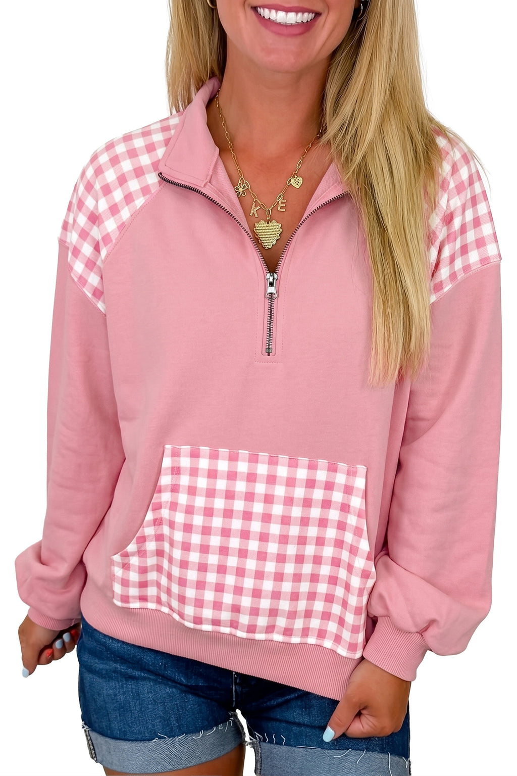 Coffee Patchwork Plaid Pocket Quarter Zip Sweatshirt