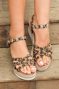 Chestnut Rhinestone Flower Decor Leopard Strappy Wedge Sandals