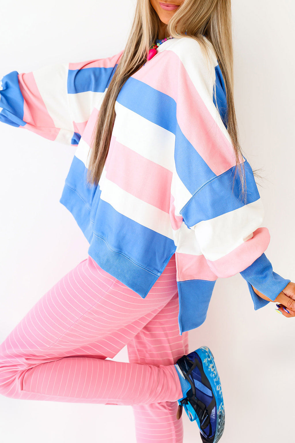 Pink Stripe Side Split Oversized Long Sleeve Top
