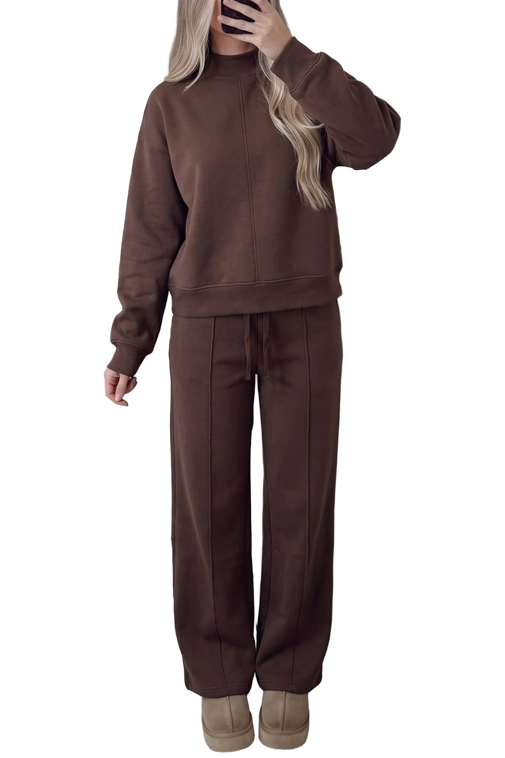 Coffee Solid Color Piping Trim Mock Neck Pullover Drawstring Pants Set