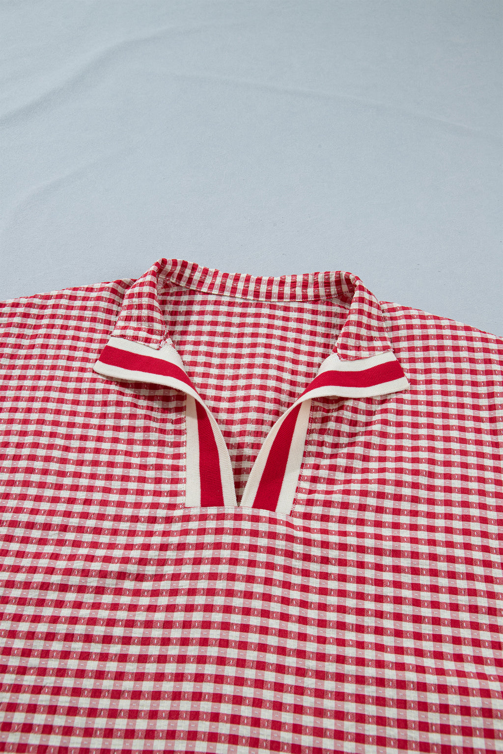 Red Plaid Short Sleeve Colorblock Trim Split Neck Blouse