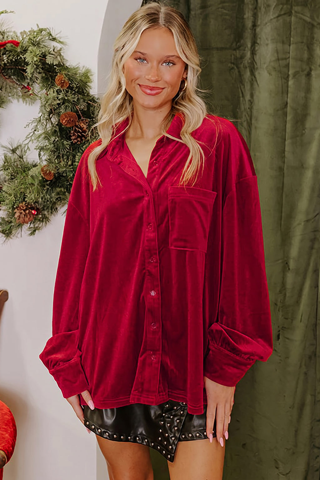 Fiery Red Soft Velvet Patch Pocket Button Down Loose Shirt
