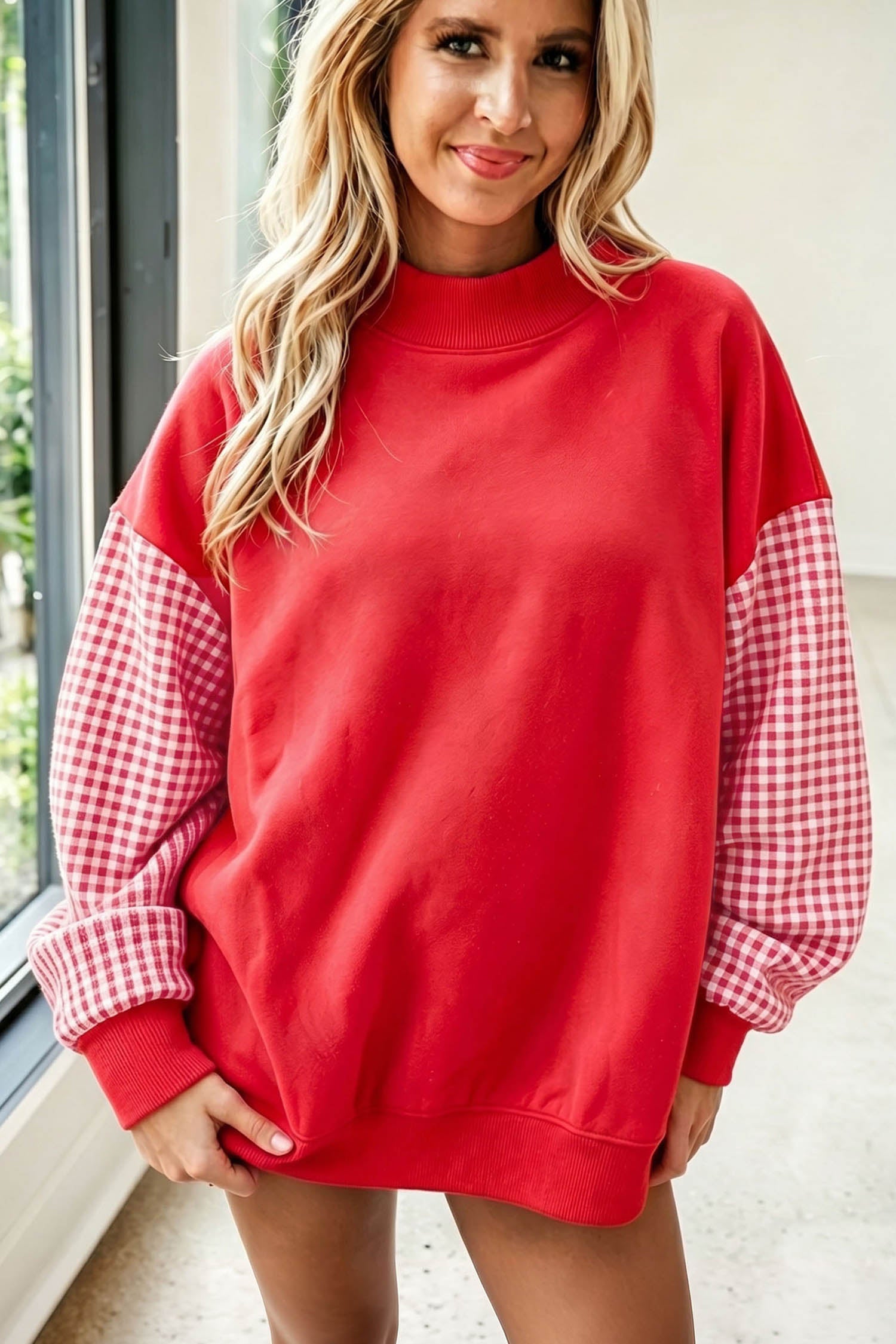Russet Orange Plaid Sleeve Colorblock Loose Tunic Sweatshirt