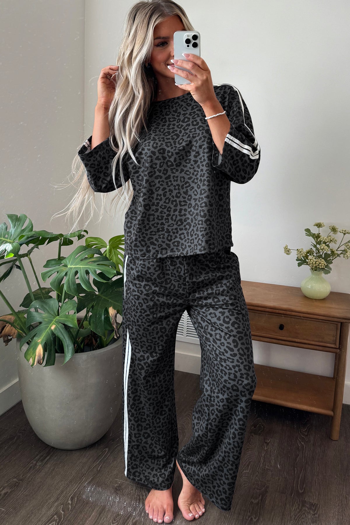 Apricot Leopard Print Varsity Striped Detail 3/4 Sleeve Top Shift Pant Set