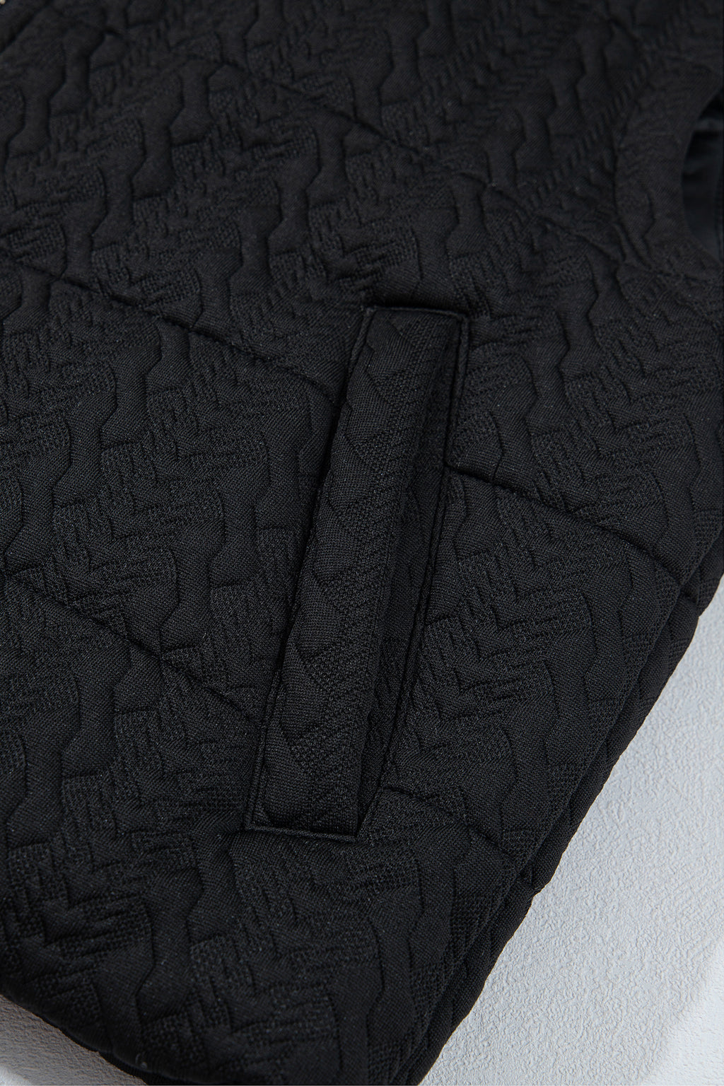 Black Textured Quilted Stand Neck Zipper Winter Vest