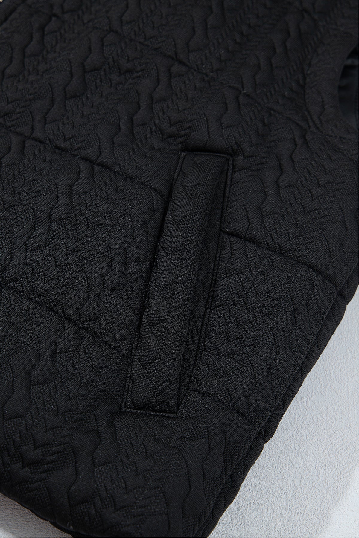 Black Textured Quilted Stand Neck Zipper Winter Vest