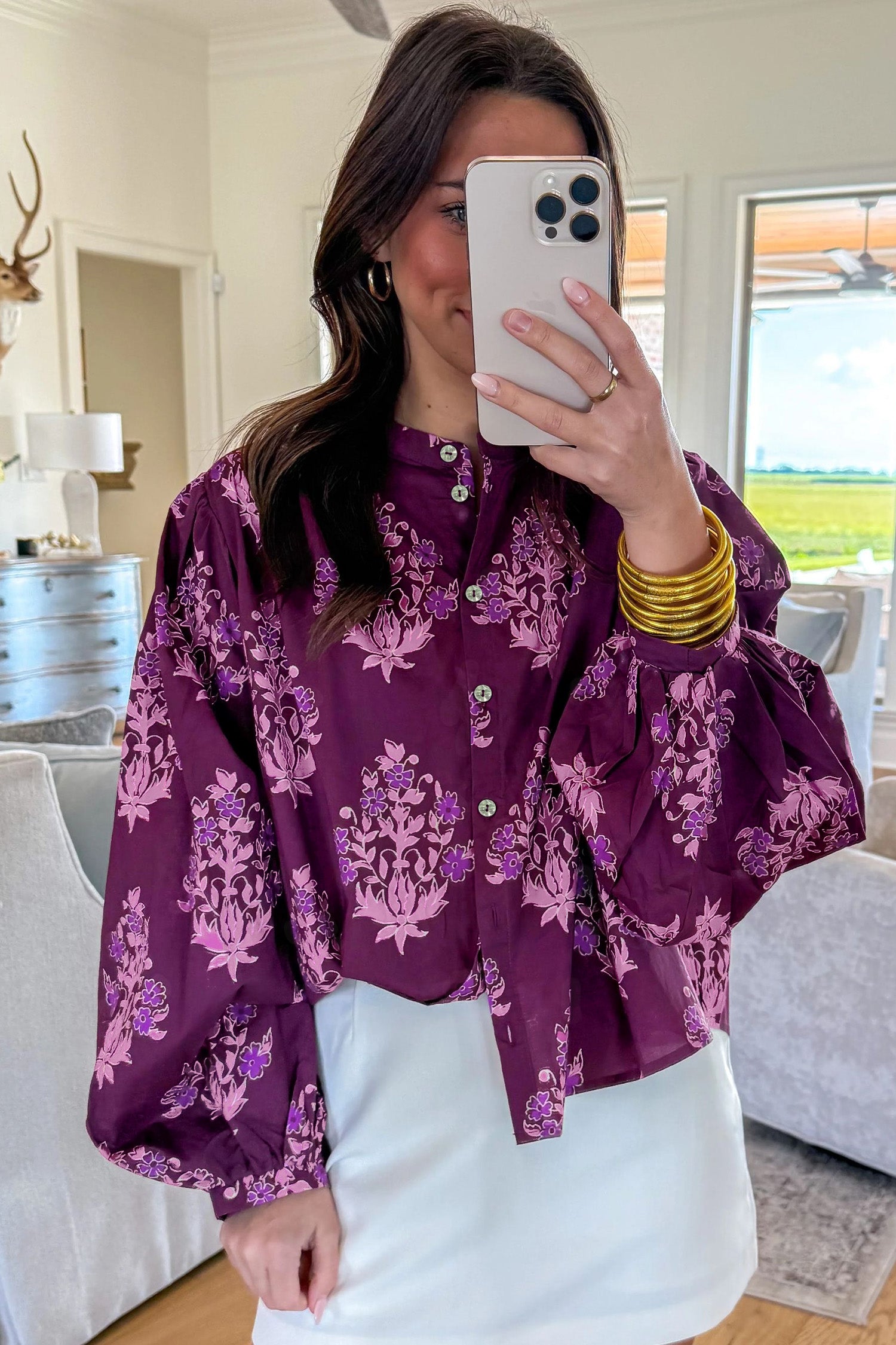 Purple Floral Print Button-Up Long Puff Sleeve Loose Shirt