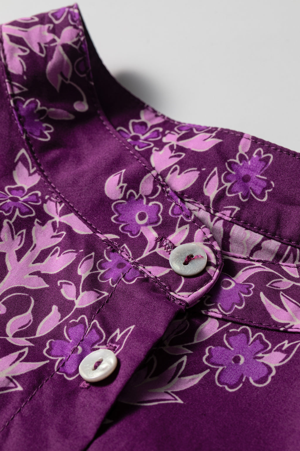 Purple Floral Print Button-Up Long Puff Sleeve Loose Shirt