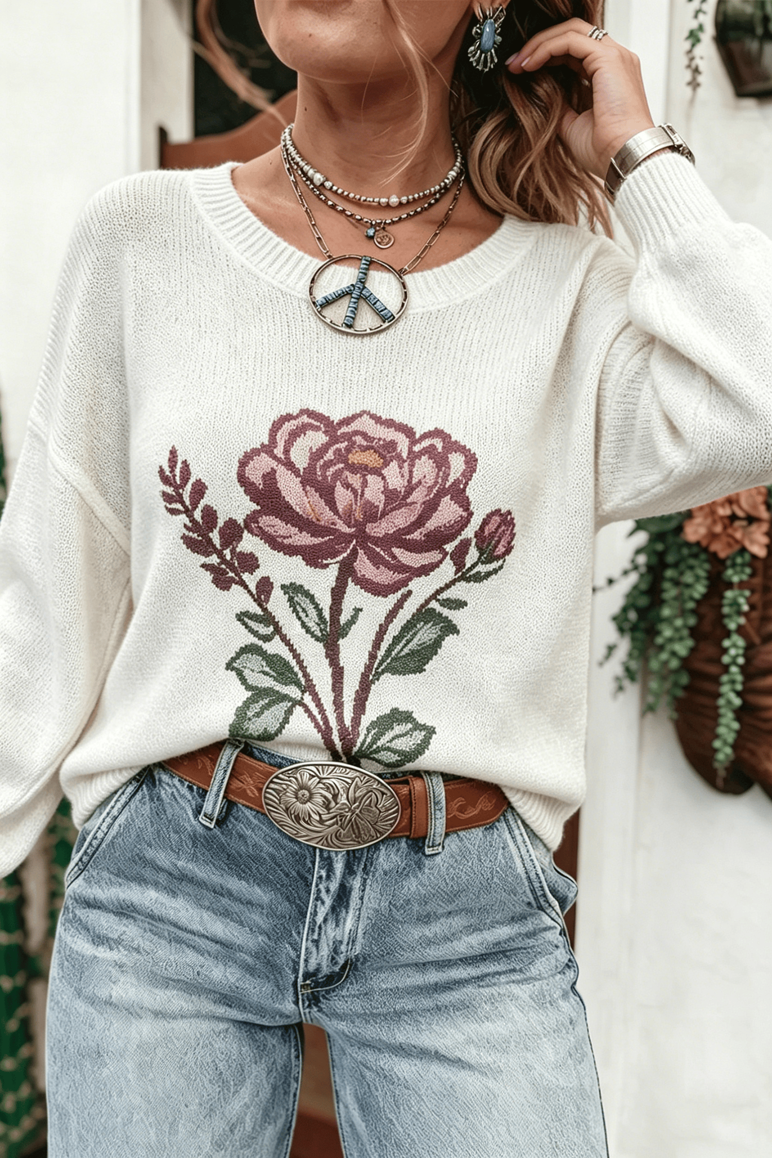 White Western Floral Dropped Shoulder Lightweight Knit Sweater