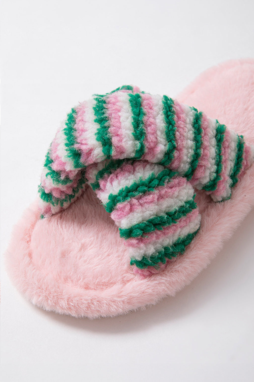 Pink Striped Cross Band Soft Plush Open Toe Slippers