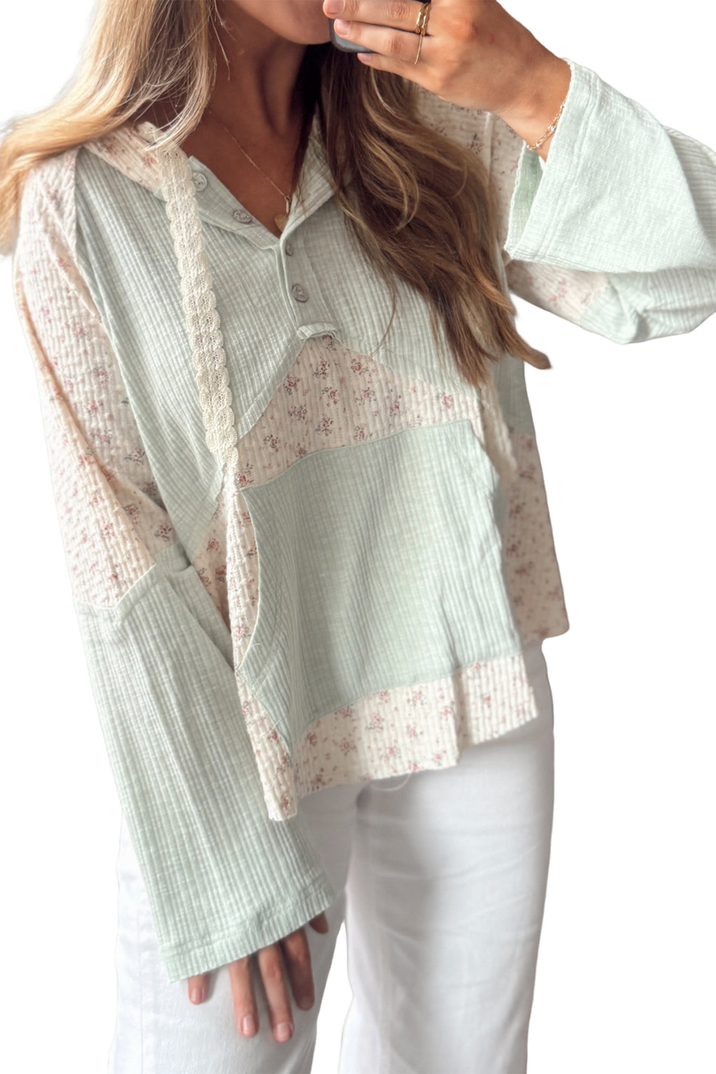 Clearly Aqua Textured Floral Patchwork Button Hooded Long Sleeve Top