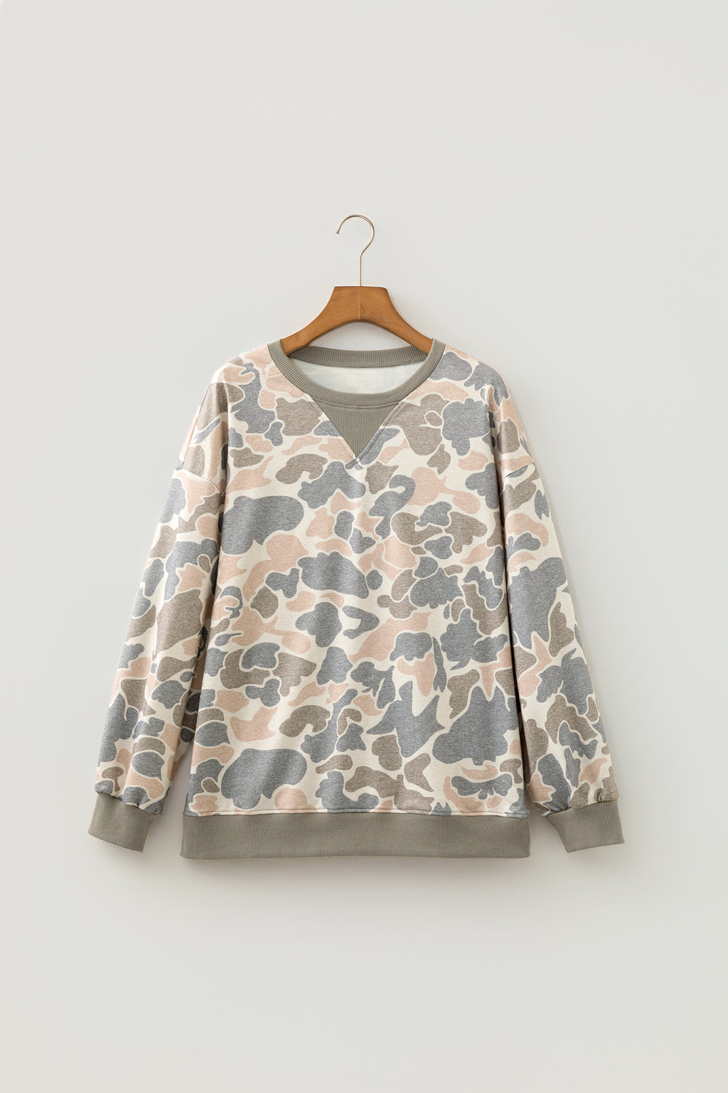 Multicolour Camo Print Ribbed Trim Casual Pullover Sweatshirt