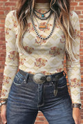 Apricot Floral Print Slim Fit Mesh Long Sleeve Mock Neck Top