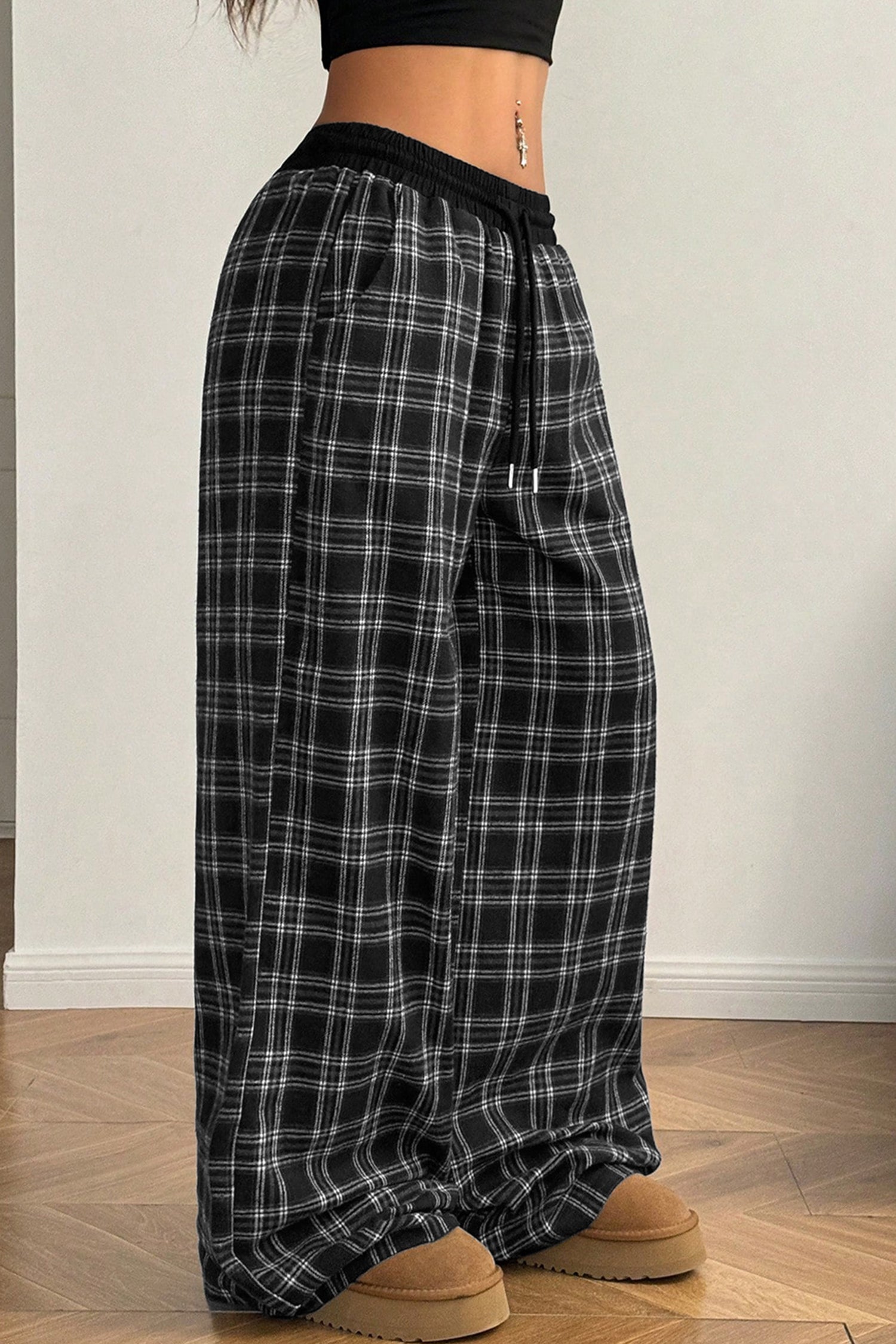 Black Frenchy Plaid Pattern Contrast Drawstring Waist Wide Leg Pants