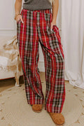 Red Plaid Elastic Waist Pocket Regular Full-Length Pants