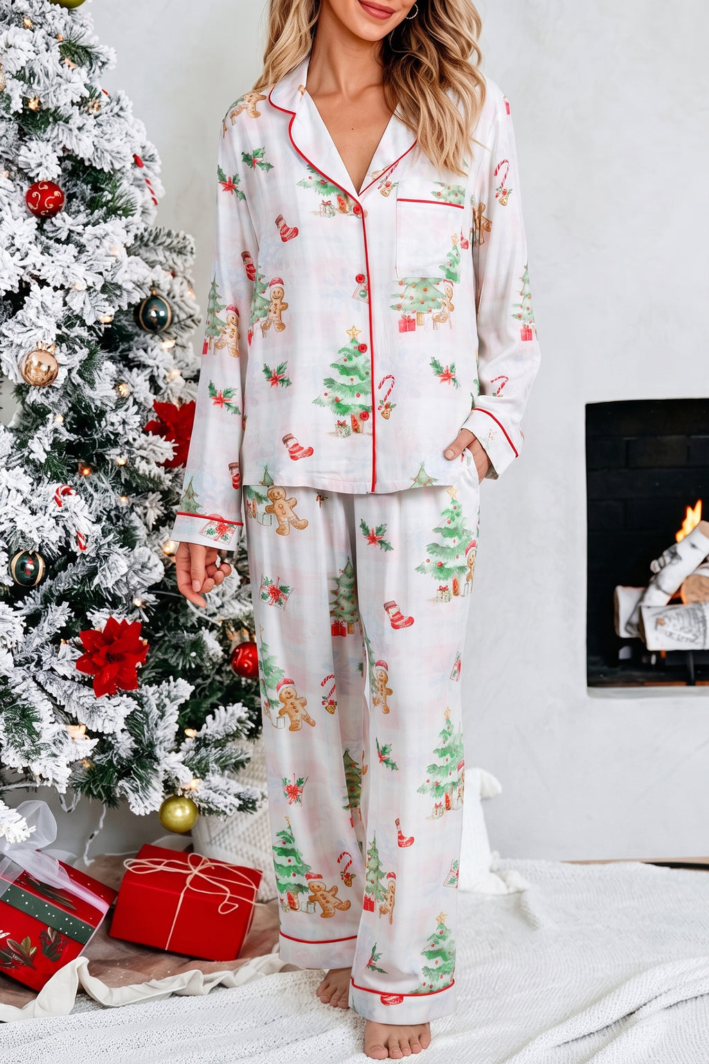 Pink Plaid Snowflake Christmas Gingerbread Man Print Long 2pcs Lounge Set