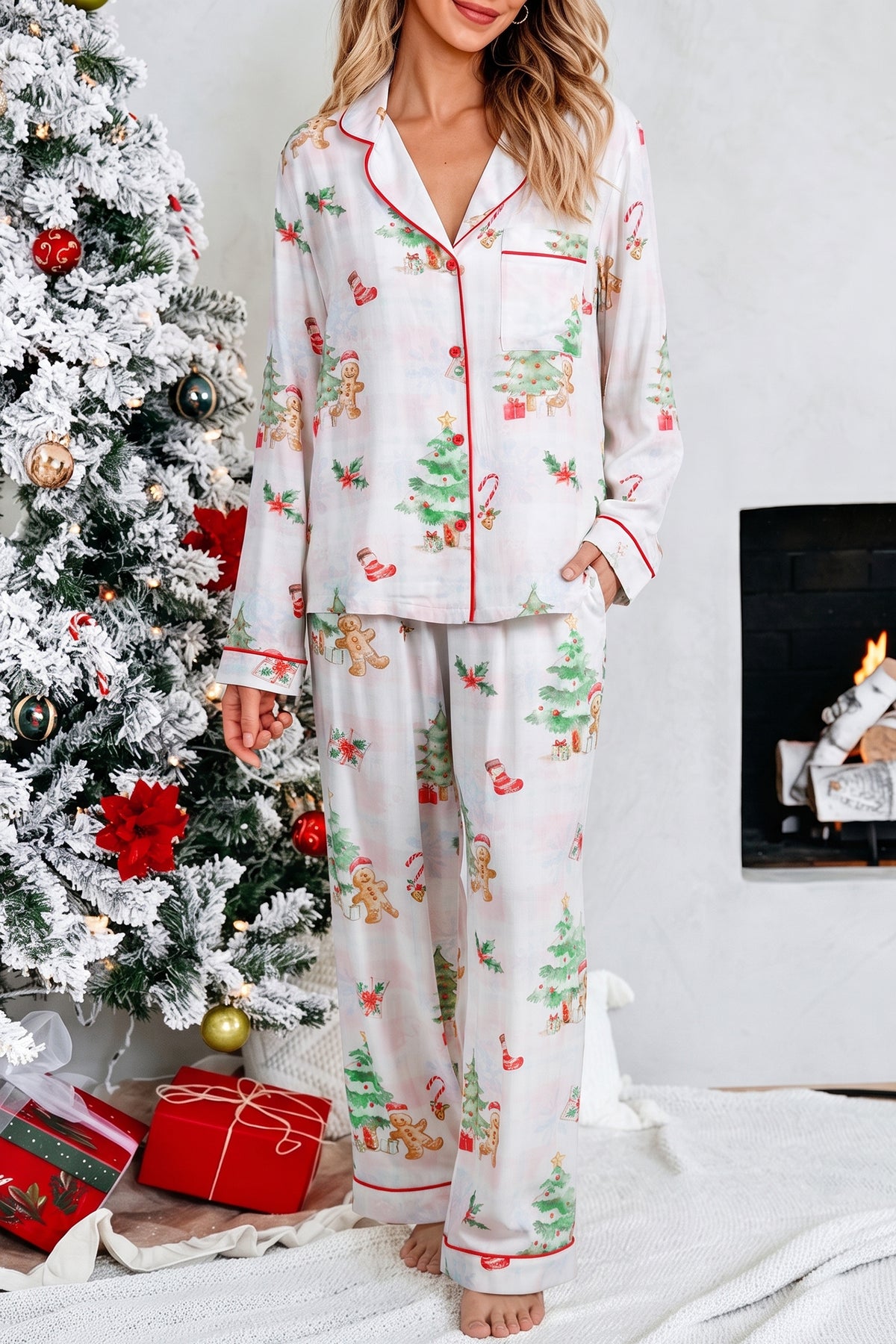 Pink Plaid Snowflake Christmas Gingerbread Man Print Long 2pcs Lounge Set
