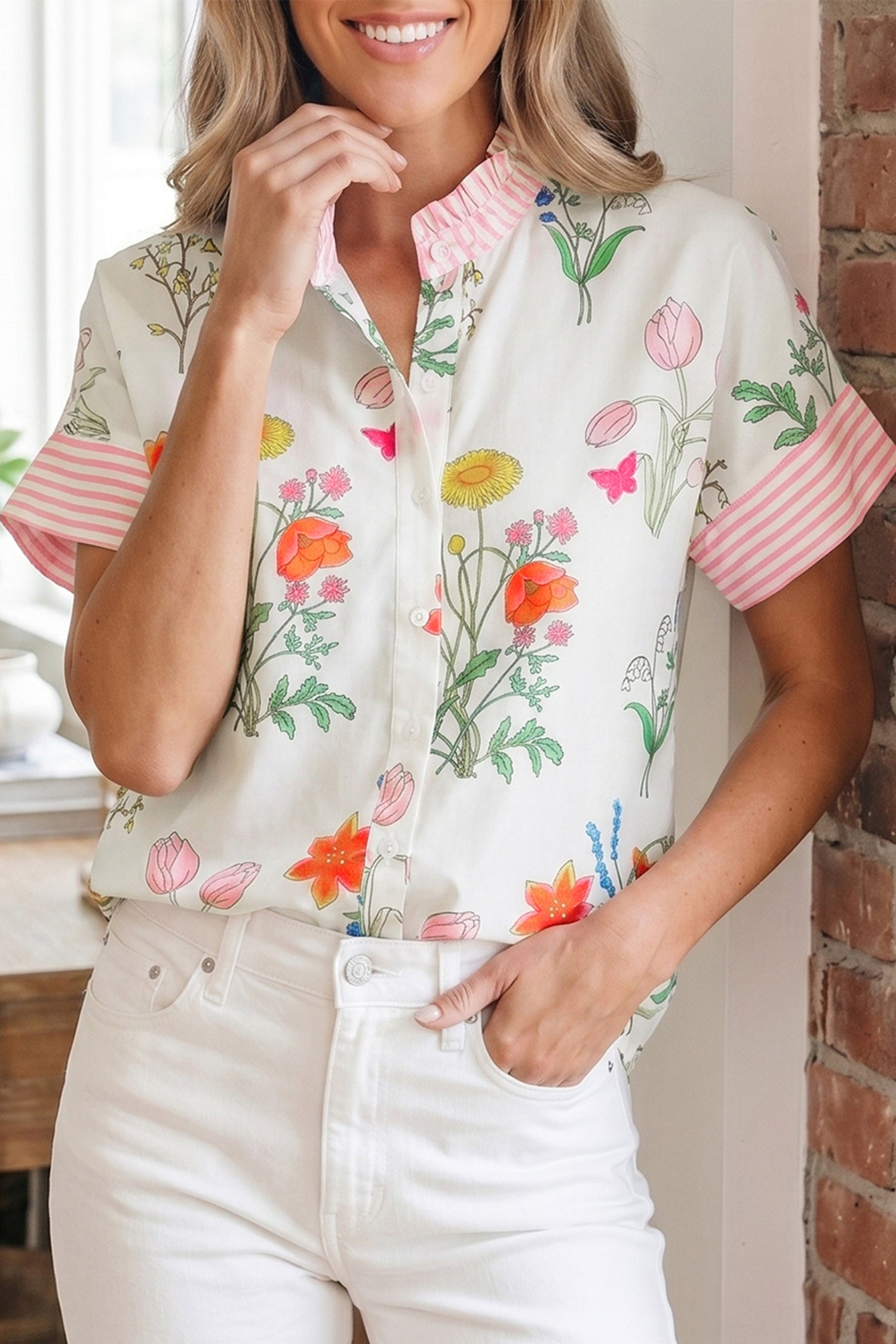 Sky Blue Floral Striped Patchwork Ruffled Collar Short Sleeve Shirt