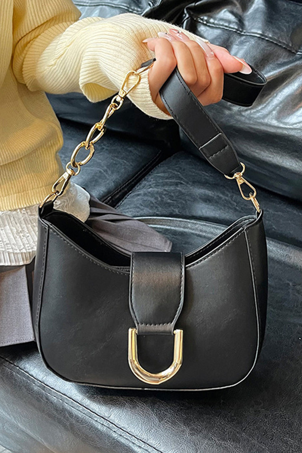 Black Gold Hardware PU Leather Single Shoulder Bag