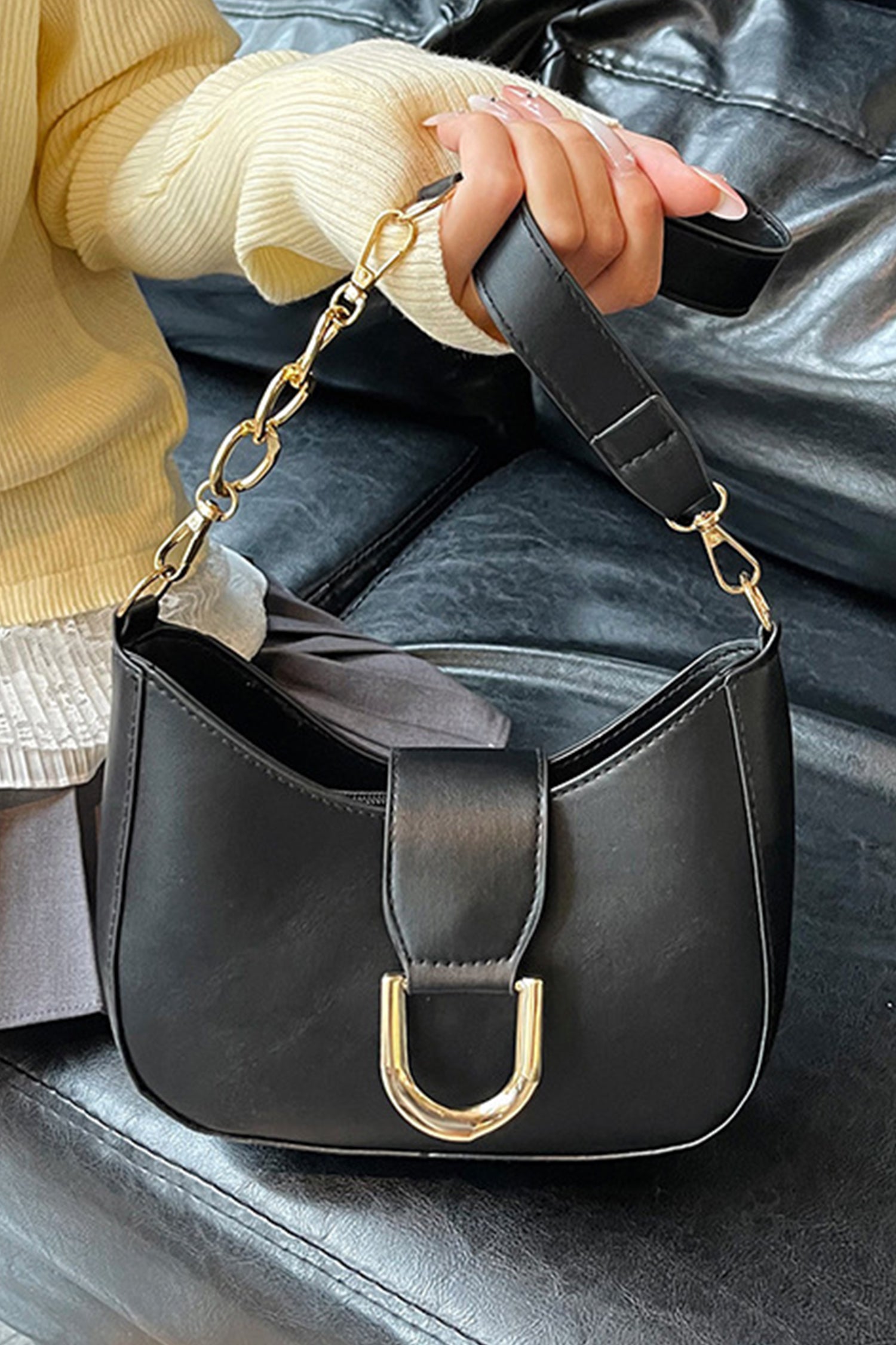 Black Gold Hardware PU Leather Single Shoulder Bag
