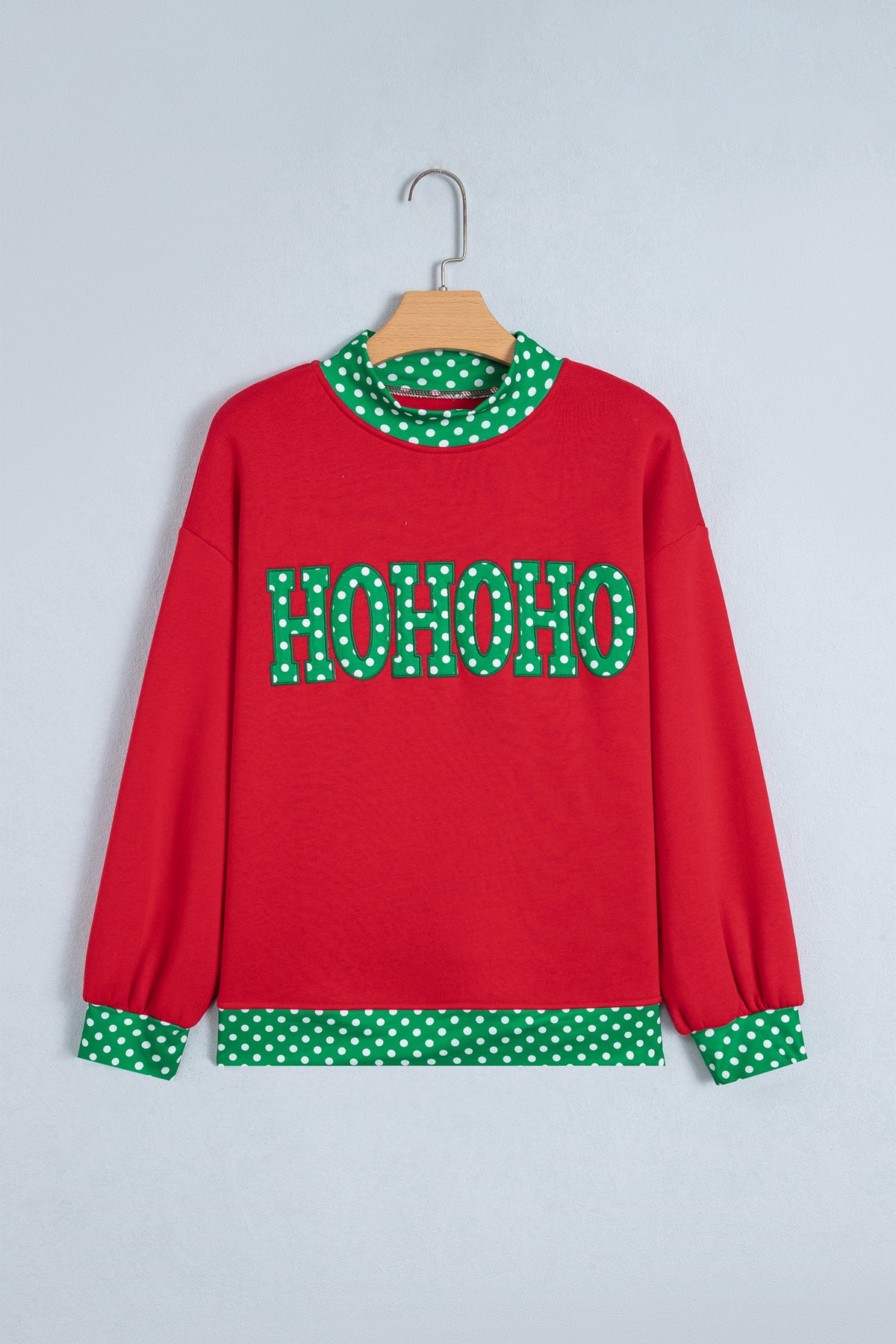 Tomato Red Polka Dot Letter Print Contrast Trim Mock Neck Sweatshirt