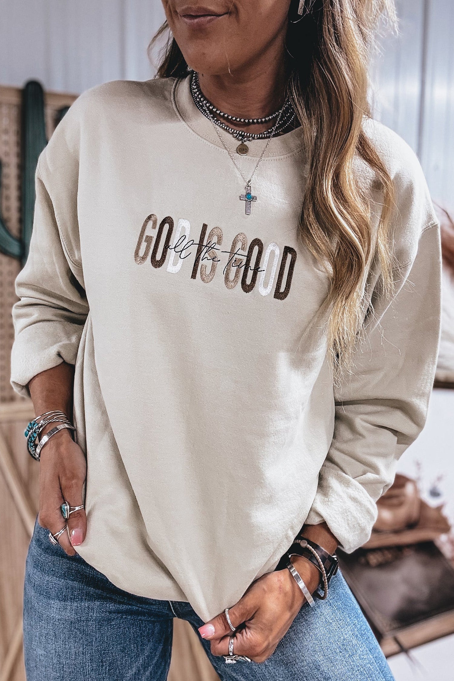 Jet Stream GOD IS GOOD Western Embroidered Letter Crewneck Pullover Sweatshirt