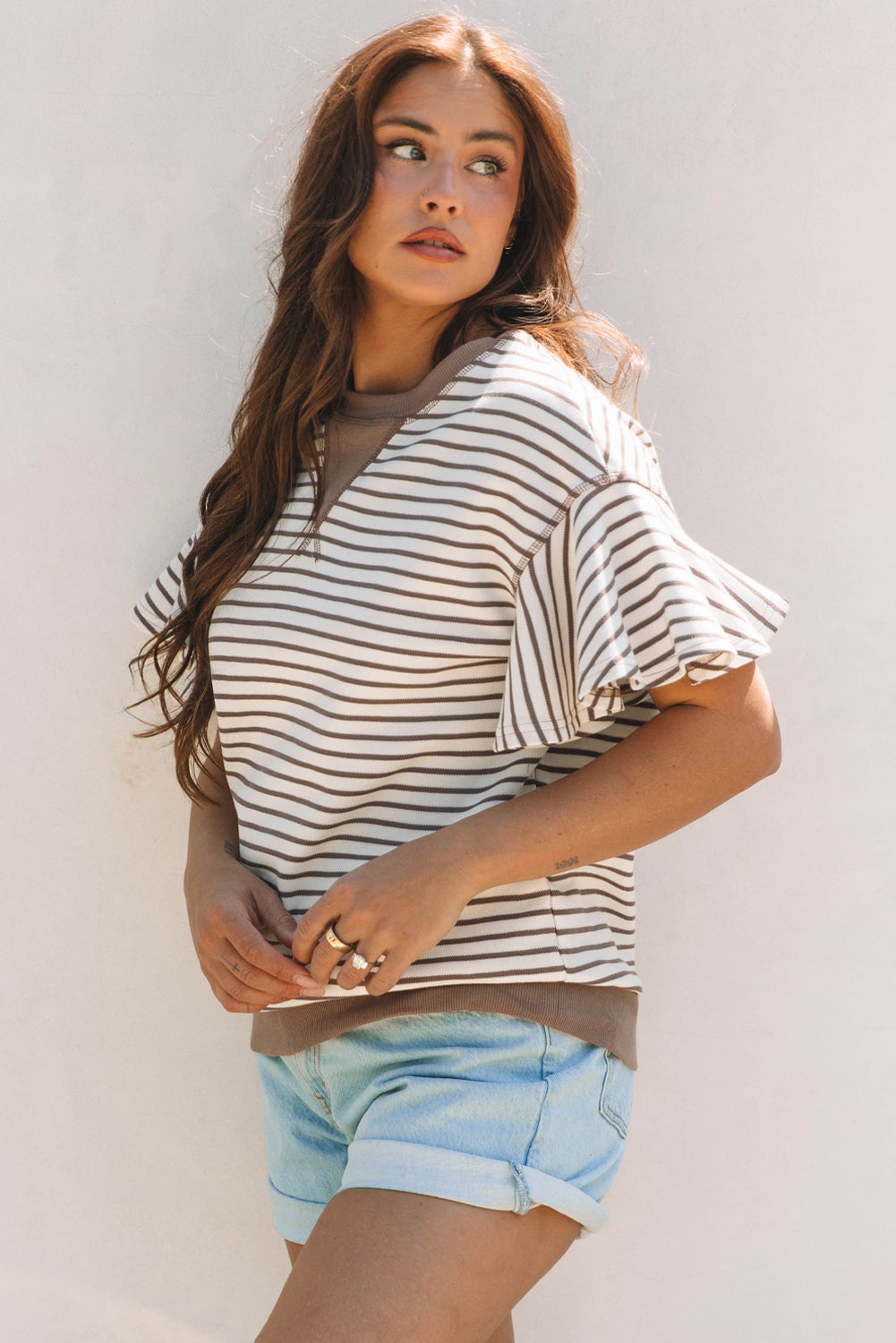 Sachet Pink Contrast Detail Striped Ruffle Short Sleeve Top