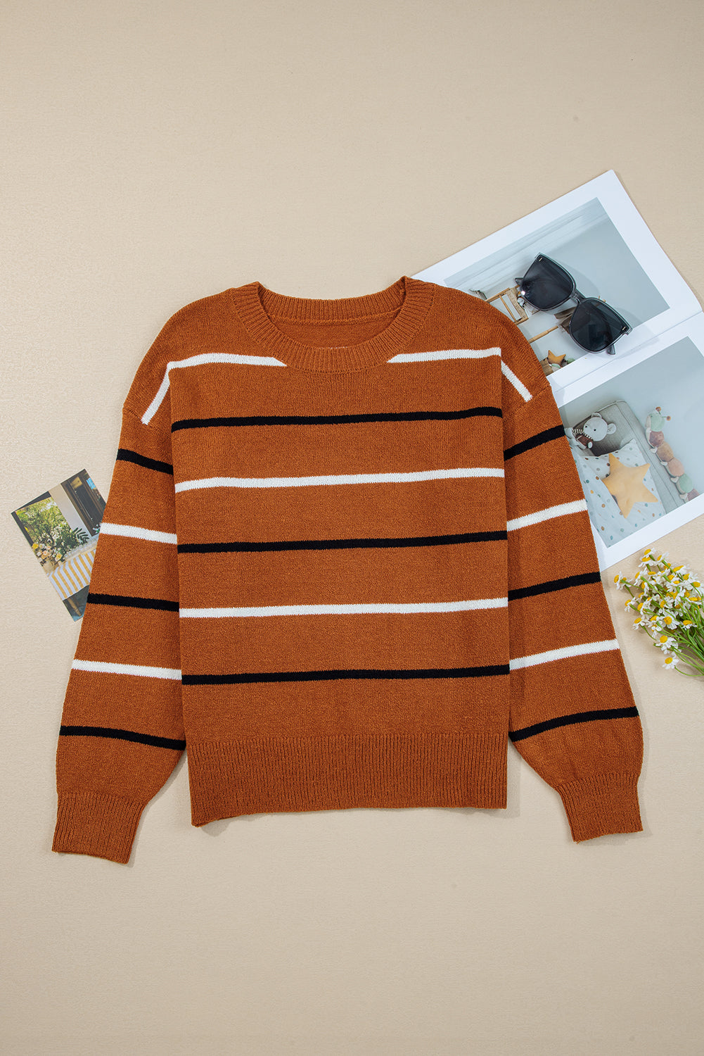Multicolour Ribbed Edge Drop Shoulder Sweater