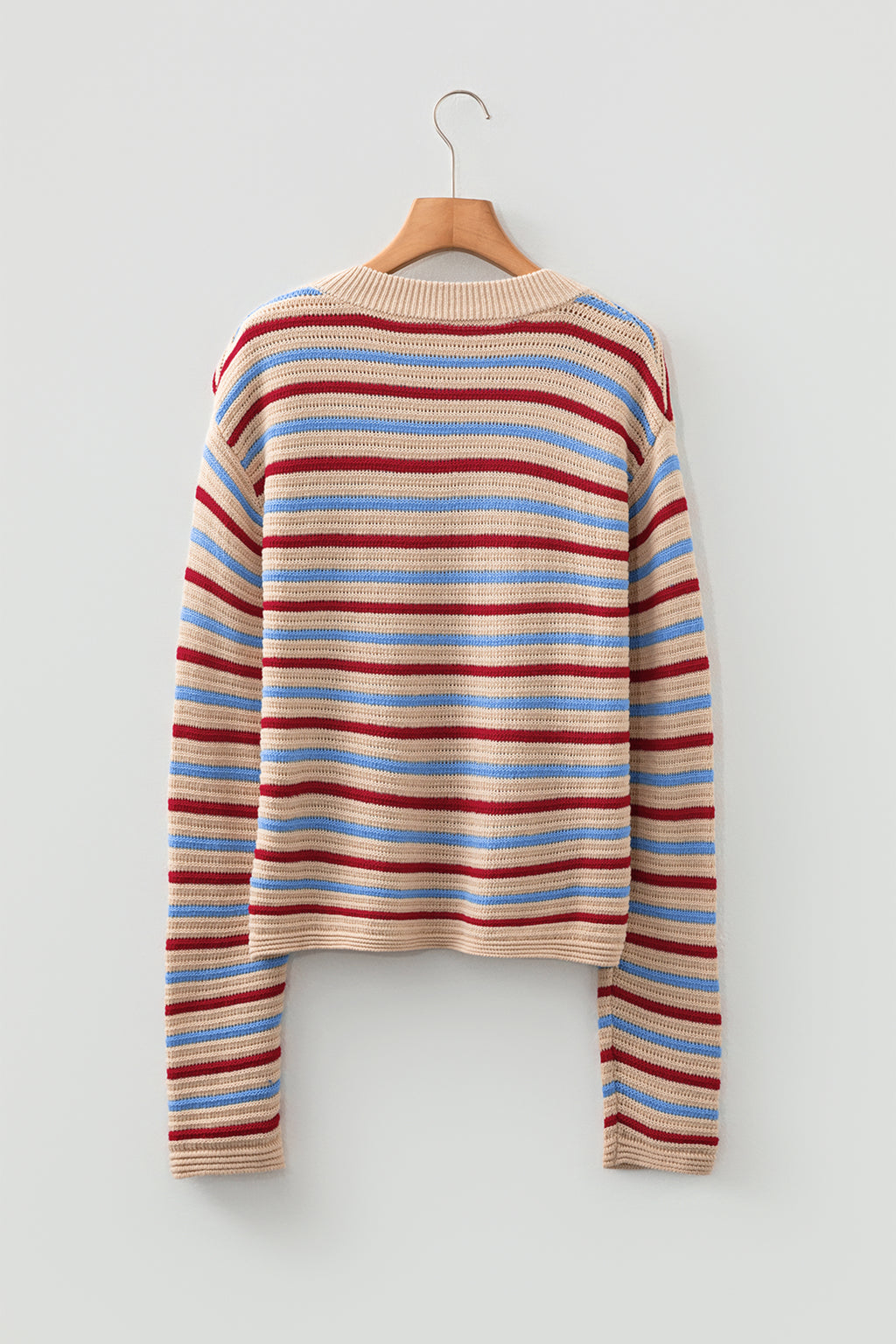 Khaki Stripe Drop Shoulder Cropped Long Sleeve Fall Sweater