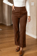 Coffee Elastic Waist Straight Leg Ankle Length Corduroy Pants